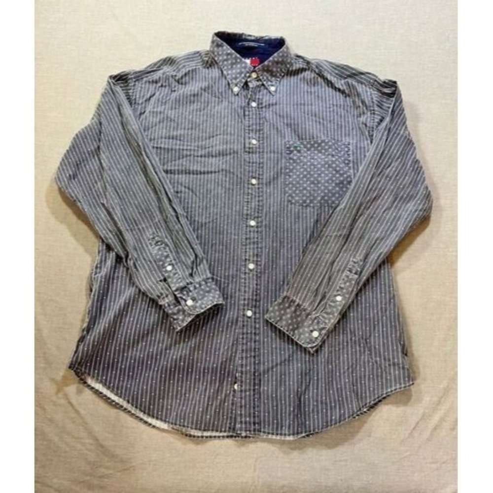 Tommy Hilfiger Shirt Adult Large Blue Striped Button Up Short Sleeve Casual Mens